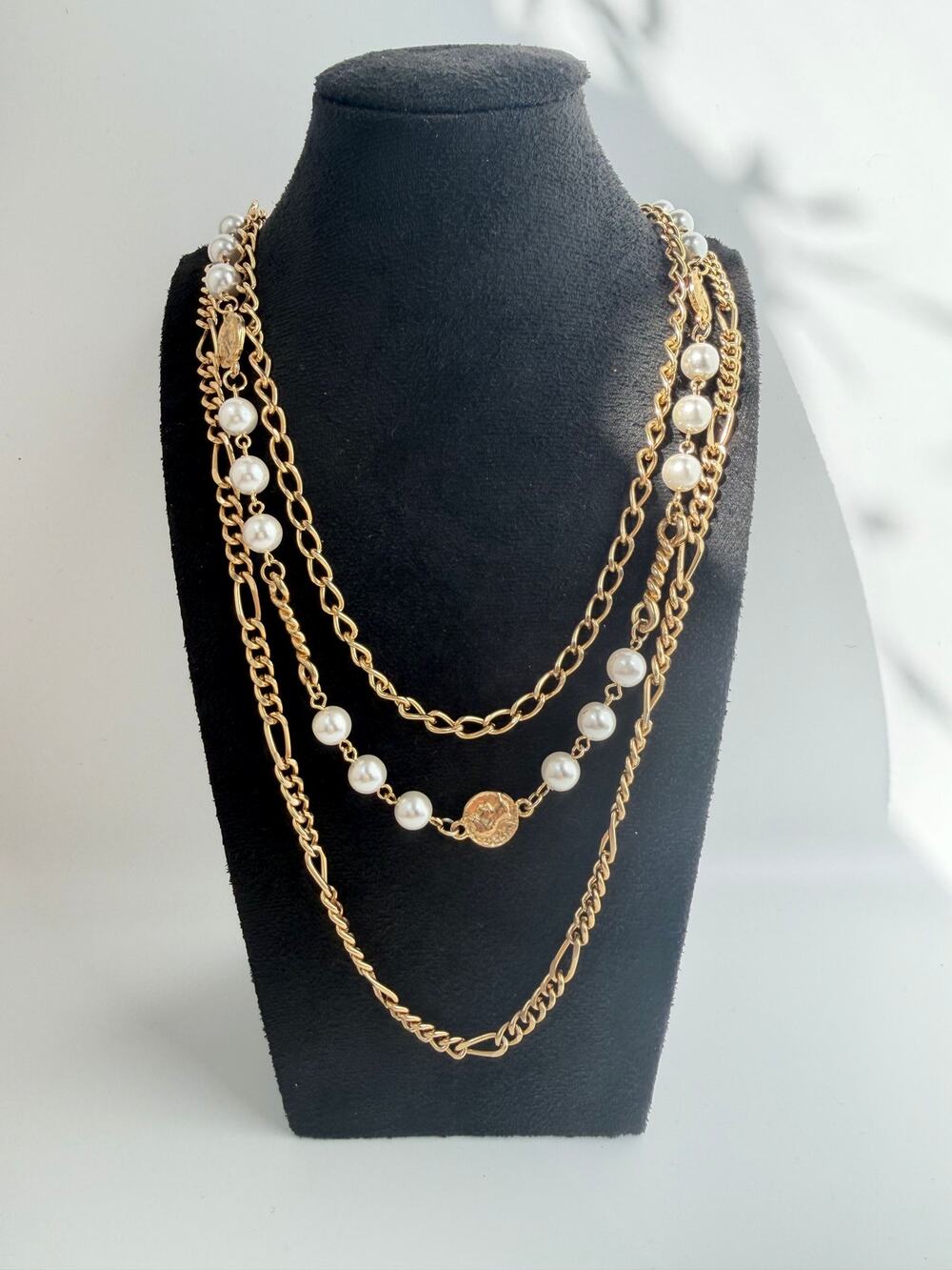 Vintage necklace multi-strand gold-toned chains faux pearl and coin accents